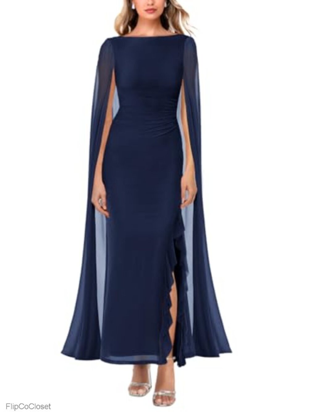 Women's Long Sleeve High Split Mesh Ruched Formal Maxi Dress with Cape